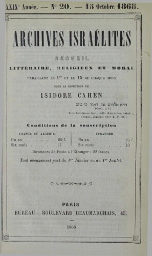 Archives israélites de France. Vol.29 N°20 (15 oct. 1868)